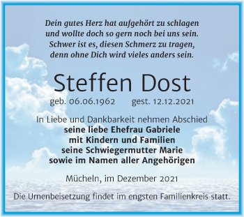 Traueranzeige von Steffen Dost von Trauerkombi Merseburg