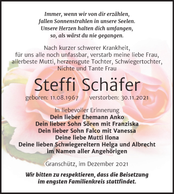 Traueranzeige von Steffi Schäfer von Trauerkombi Weißenfels