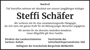 Traueranzeige von Steffi Schäfer von Mitteldeutsche Zeitung Weißenfels