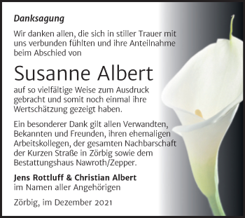 Traueranzeige von Susanne Albert von Trauerkombi Bitterfeld