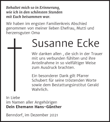 Traueranzeige von Susanne Ecke von Trauerkombi Mansfelder Land