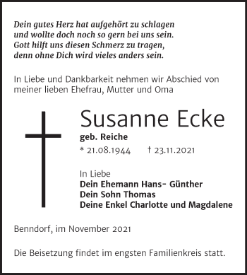 Traueranzeige von Susanne Ecke von Trauerkombi Mansfelder Land