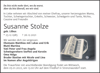 Traueranzeige von Susanne Stolze von Trauerkombi Bernburg