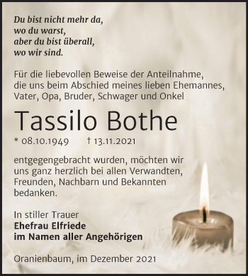 Traueranzeige von Tassilo Bothe von Trauerkombi Wittenberg