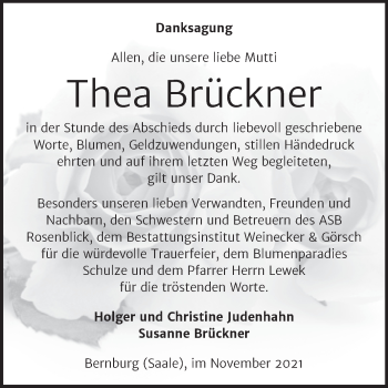 Traueranzeige von Thea Brückner von Trauerkombi Bernburg
