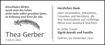 Traueranzeige von Thea Gerber von Trauerkombi Wittenberg
