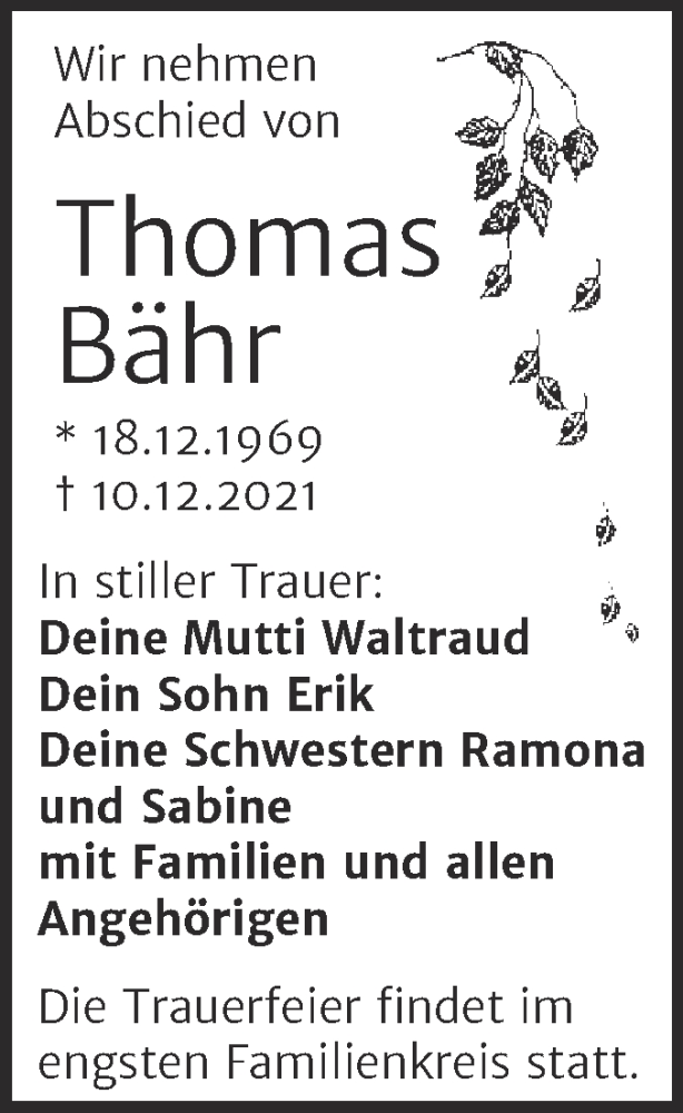  Traueranzeige für Thomas Bähr vom 24.12.2021 aus Trauerkombi Dessau