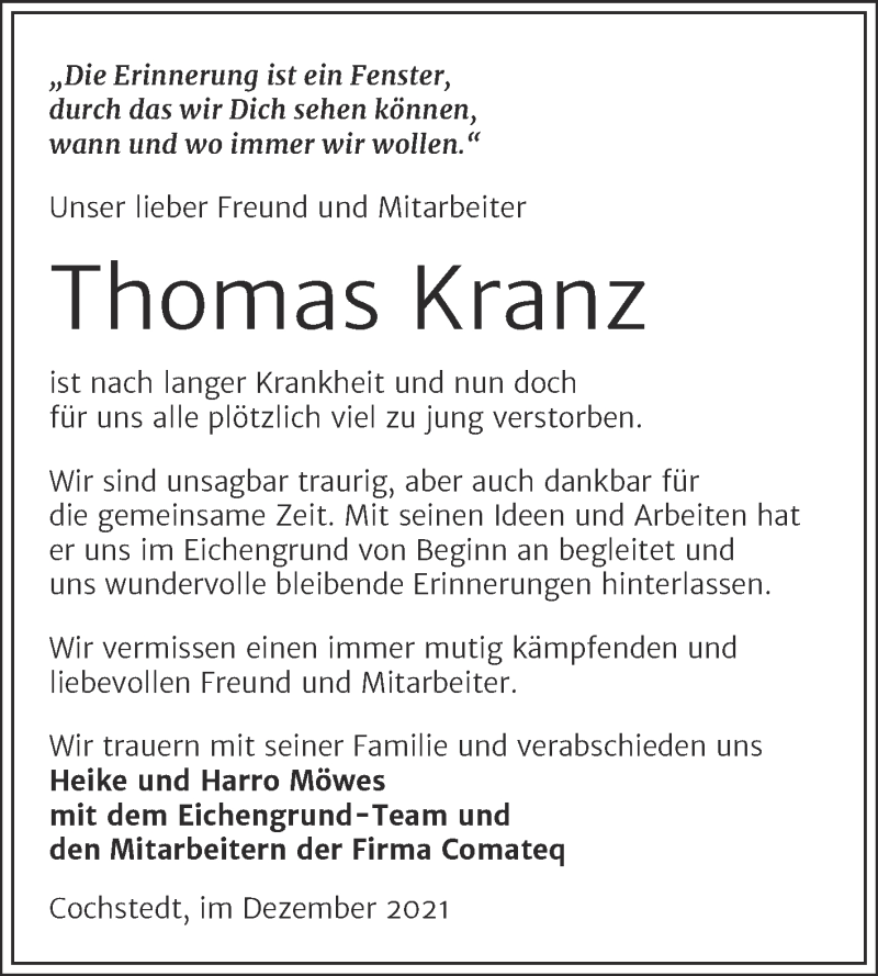  Traueranzeige für Thomas Kranz vom 31.12.2021 aus Mitteldeutsche Zeitung Salzlandkreis