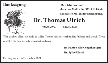 Traueranzeige von Thomas Ulrich von Mitteldeutsche Zeitung Quedlingburg