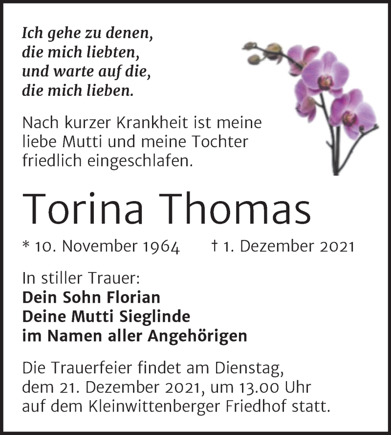  Traueranzeige für Torina Thomas vom 11.12.2021 aus Trauerkombi Wittenberg