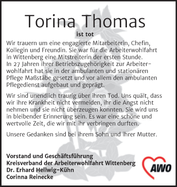 Traueranzeige von Torina Thomas von Mitteldeutsche Zeitung