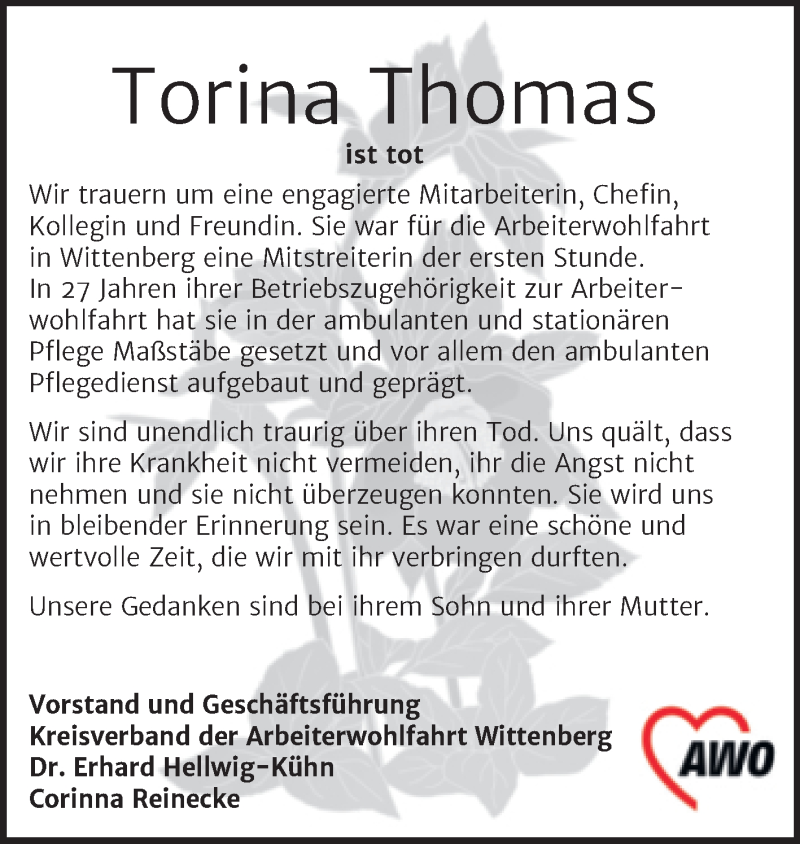  Traueranzeige für Torina Thomas vom 18.12.2021 aus Super Sonntag Wittenberg