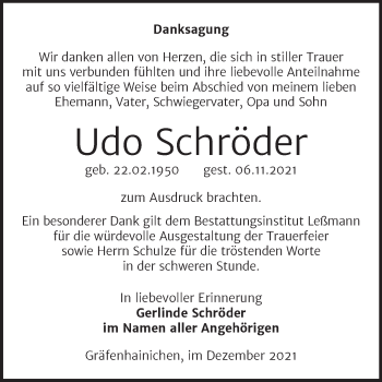 Traueranzeige von Udo Schröder von Trauerkombi Wittenberg