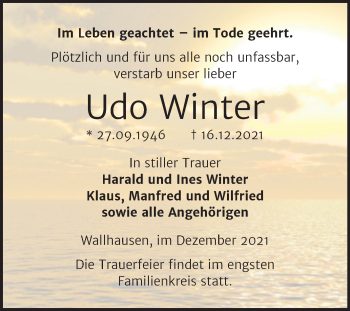 Traueranzeige von Udo Winter von Trauerkombi Sangerhausen