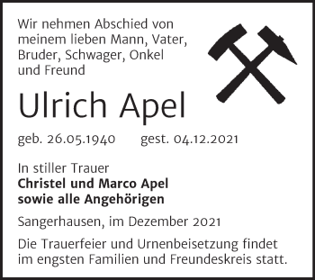 Traueranzeige von Ulrich Apel von Trauerkombi Sangerhausen