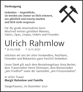 Traueranzeige von Ulrich Rahmlow von Trauerkombi Sangerhausen