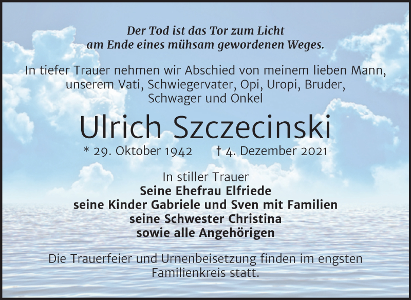  Traueranzeige für Ulrich Szczecinski vom 08.12.2021 aus Trauerkombi Köthen