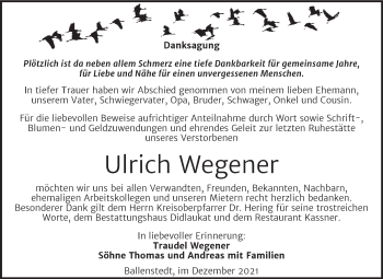 Traueranzeige von Ulrich Wegener von Trauerkombi Quedlinburg