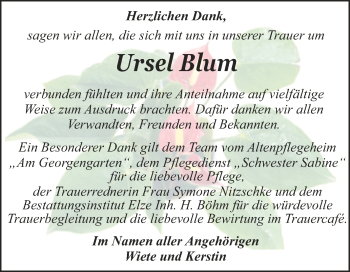 Traueranzeige von Ursel Blum von Trauerkombi Dessau