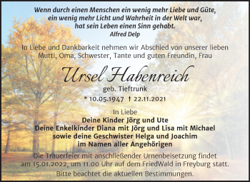 Traueranzeige von Ursel Habenreich von Trauerkombi Weißenfels