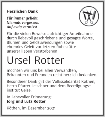 Traueranzeige von Ursel Rotter von Trauerkombi Köthen