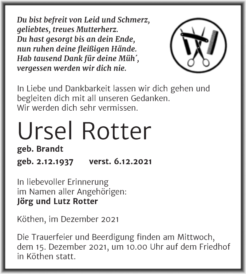 Traueranzeige für Ursel Rotter vom 09.12.2021 aus Trauerkombi Köthen