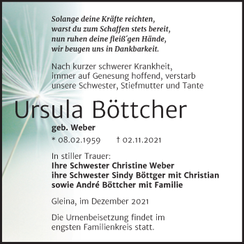 Traueranzeige von Ursula Böttcher von Wochenspiegel Naumburg/Nebra