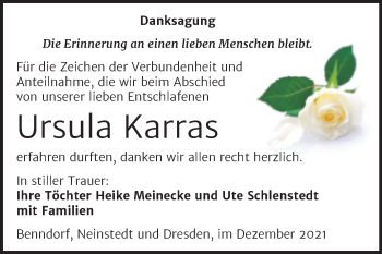 Traueranzeige von Ursula Karras von Trauerkombi Mansfelder Land
