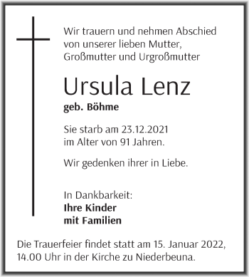 Traueranzeige von Ursula Lenz von Trauerkombi Merseburg