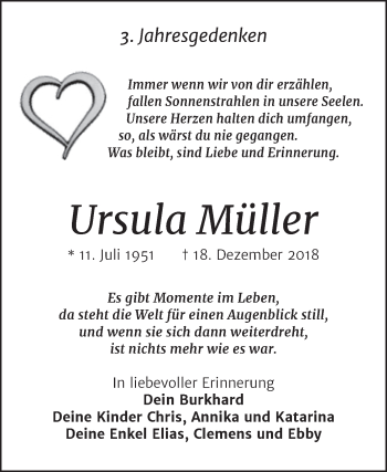 Traueranzeige von Ursula Müller von Trauerkombi Wittenberg