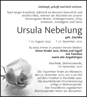 Traueranzeige von Ursula Nebelung von Trauerkombi Quedlinburg