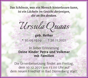 Traueranzeige von Ursula Quaas von Trauerkombi Merseburg