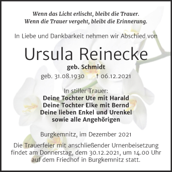 Traueranzeige von Ursula Reinecke von Trauerkombi Bitterfeld