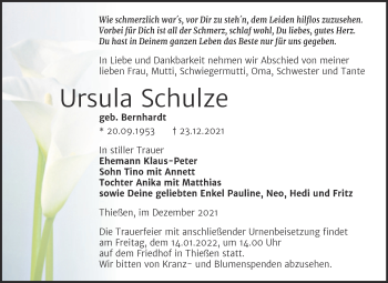 Traueranzeige von Ursula Schulze von Trauerkombi Wittenberg