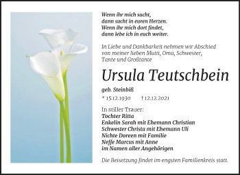 Traueranzeige von Ursula Teutschbein von Trauerkombi Bitterfeld