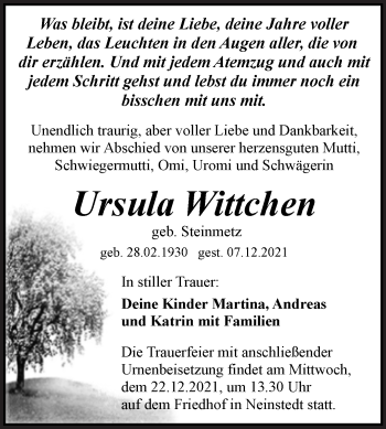 Traueranzeige von Ursula Wittchen von Trauerkombi Quedlinburg