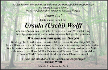 Traueranzeige von Ursula Wolff von Trauerkombi Quedlinburg