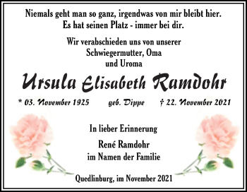 Traueranzeige von Ursula Elisabeth Ramdohr von Trauerkombi Quedlinburg