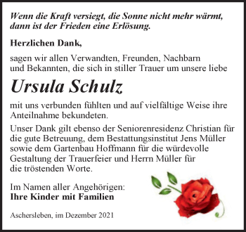 Traueranzeige von Ursula Schulz Schulz von Trauerkombi Aschersleben
