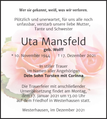 Traueranzeige von Uta Mansfeld von Trauerkombi Quedlinburg