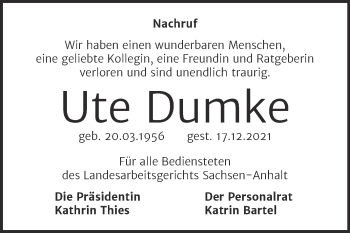 Traueranzeige von Ute Dumke von Mitteldeutsche Zeitung Halle/Saalkreis