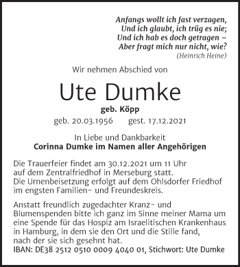 Traueranzeige von Ute Dumke von Mitteldeutsche Zeitung Halle/Saalkreis