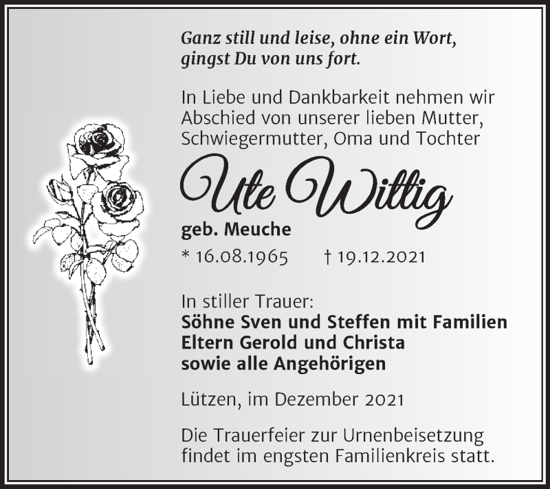  Traueranzeige für Ute Wittig vom 24.12.2021 aus Trauerkombi Weißenfels