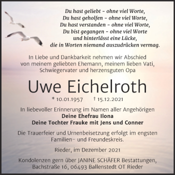 Traueranzeige von Uwe Eichelroth von Trauerkombi Quedlinburg