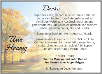 Traueranzeige von Uwe Hennig von Trauerkombi Merseburg