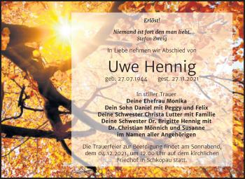 Traueranzeige von Uwe Hennig von Trauerkombi Merseburg