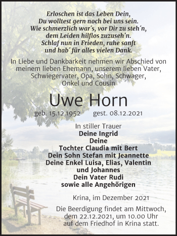 Traueranzeige von Uwe Horn von Trauerkombi Bitterfeld