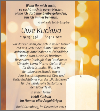 Traueranzeige von Uwe Kuckwa von Trauerkombi Merseburg