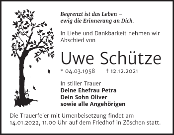 Traueranzeige von Uwe Schütze von Trauerkombi Merseburg