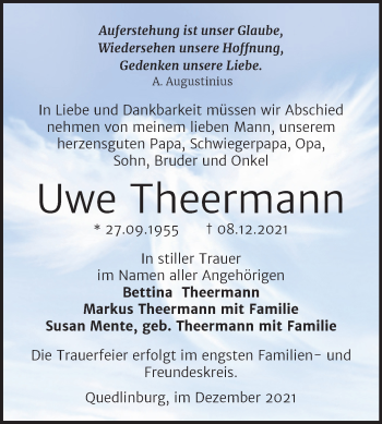 Traueranzeige von Uwe Theermann von Trauerkombi Quedlinburg